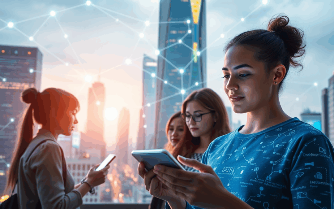 Digital network connecting people across a city skyline.